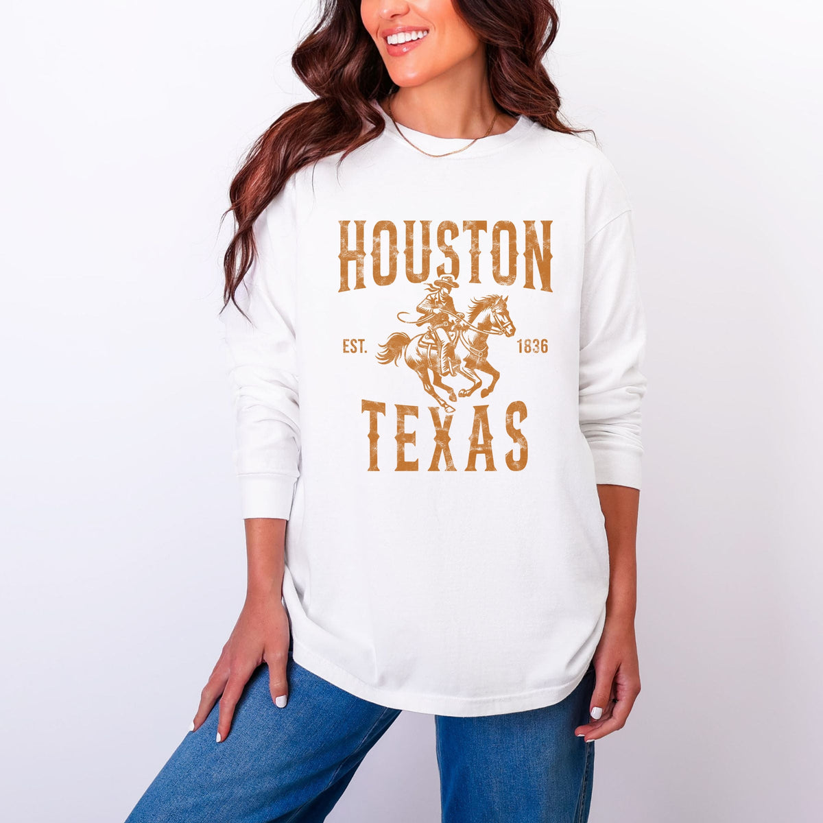 Houston Texas Cowboy Distressed - Women's Garment Dyed Long Sleeve Graphic T-Shirt