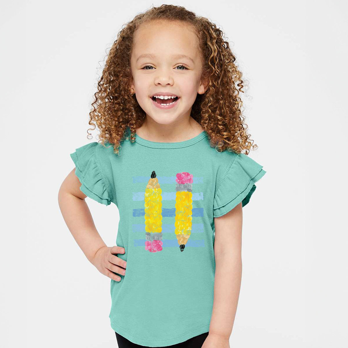 Pencil Stripes - Girl's Flutter Sleeve Graphic T-Shirt