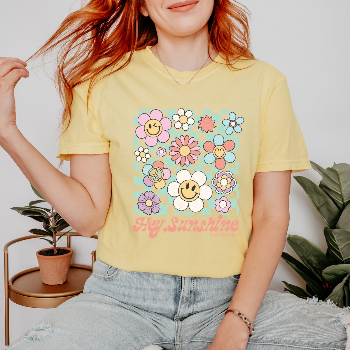 S.W.Smiley Hey Sunshine Flowers - Womens Garment Dyed Tee