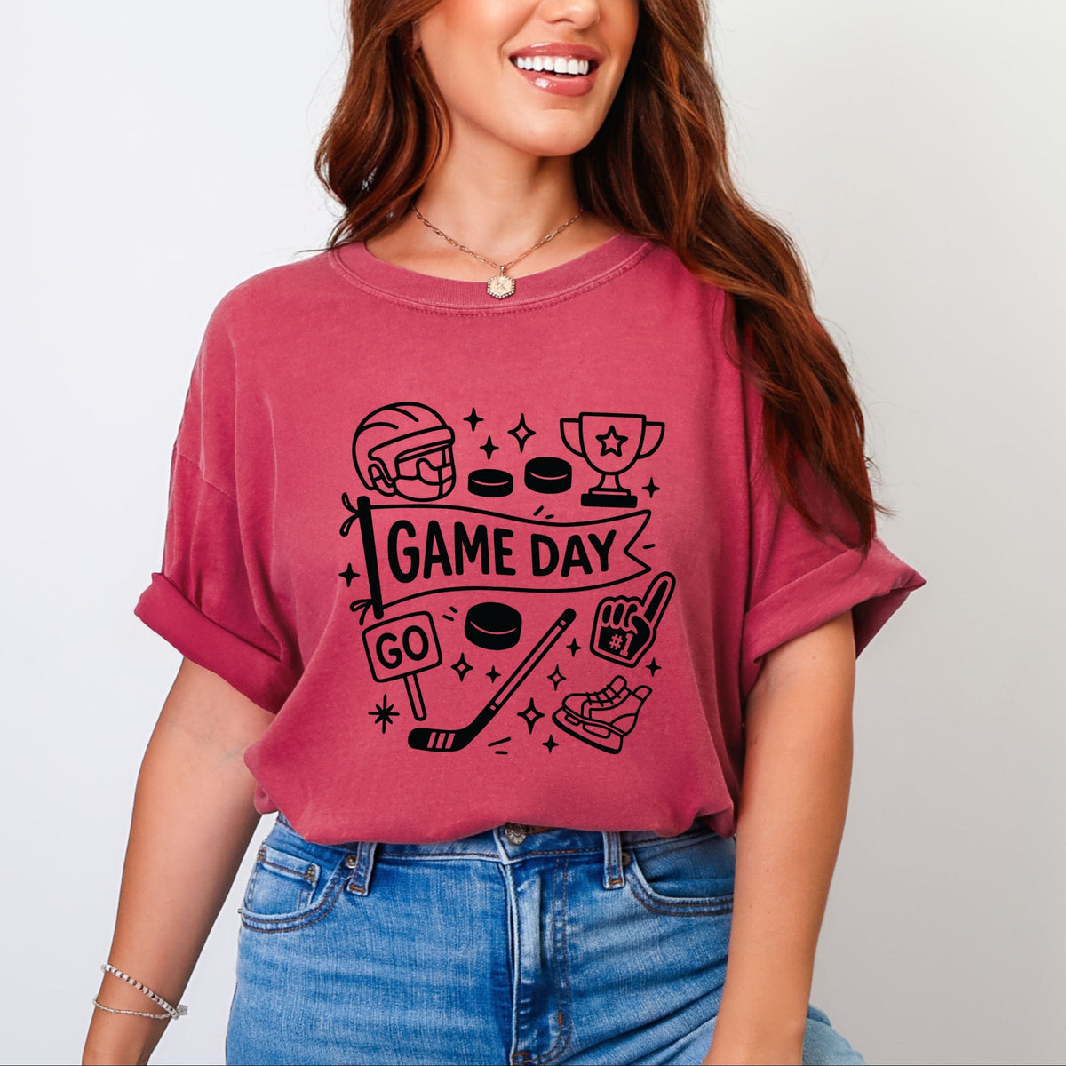Hockey Game Day Doodles - Women's Garment Dyed Graphic T-Shirt