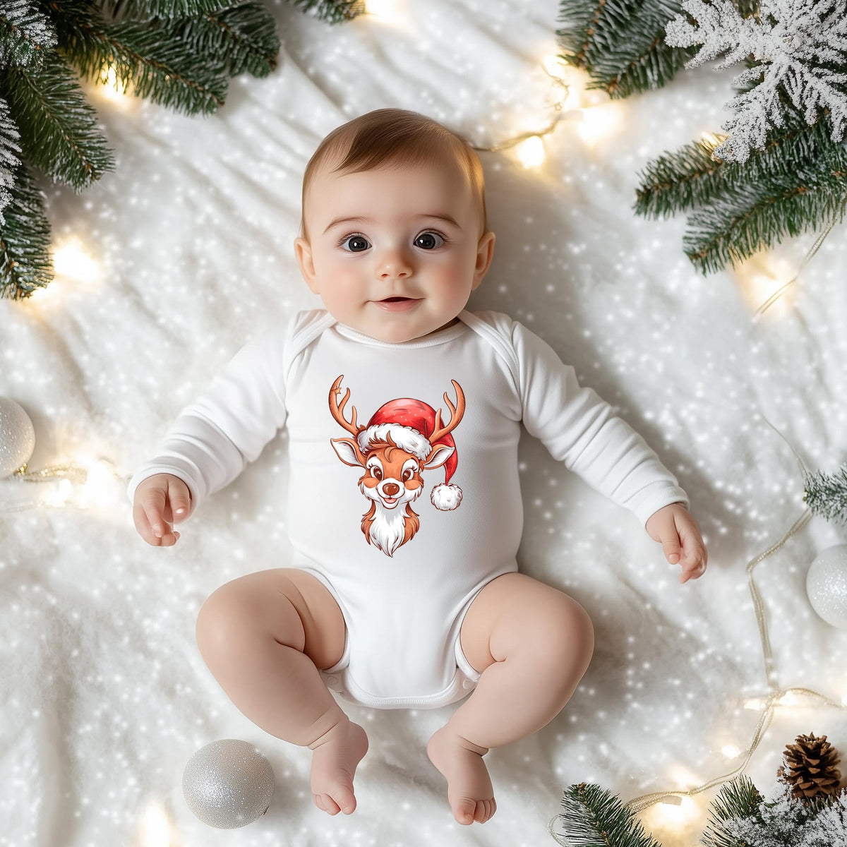 Cute Reindeer Head - Baby Long Sleeve Bodysuit