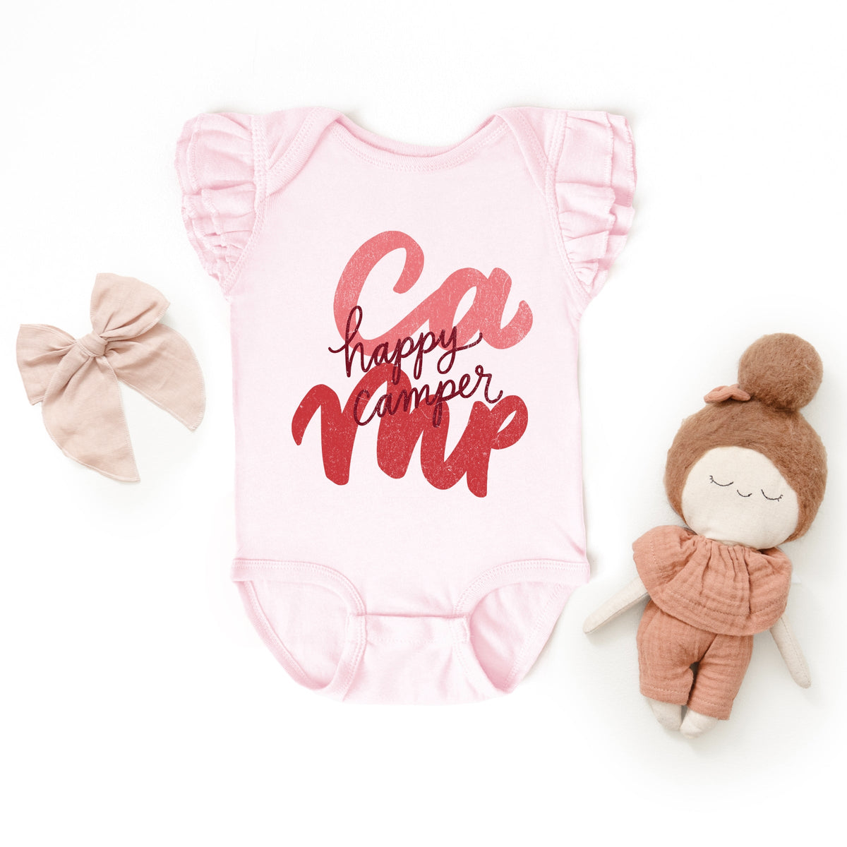 Happy Camper Cursive - Baby Girl's Flutter Sleeve Bodysuit