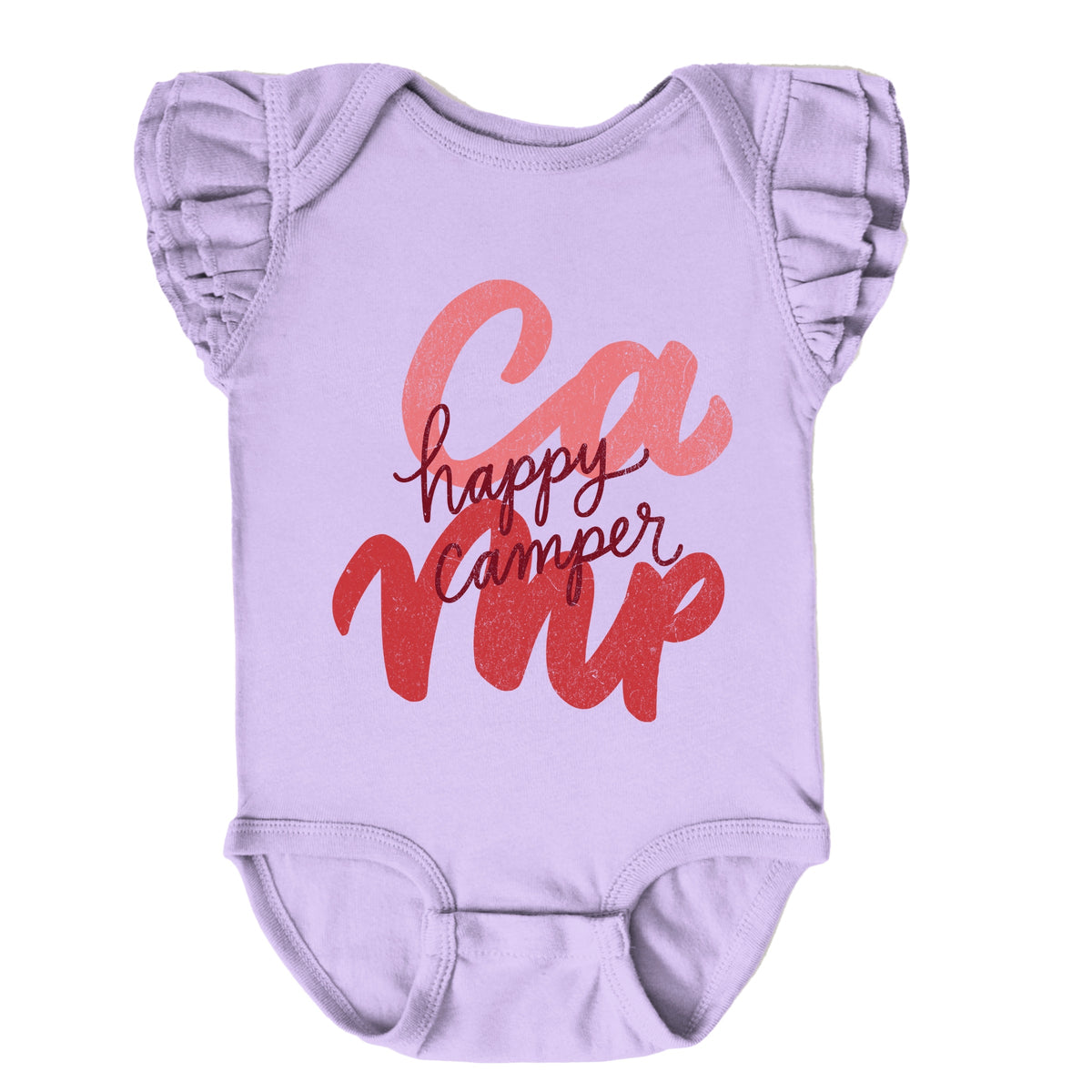 Happy Camper Cursive - Baby Girl's Flutter Sleeve Bodysuit