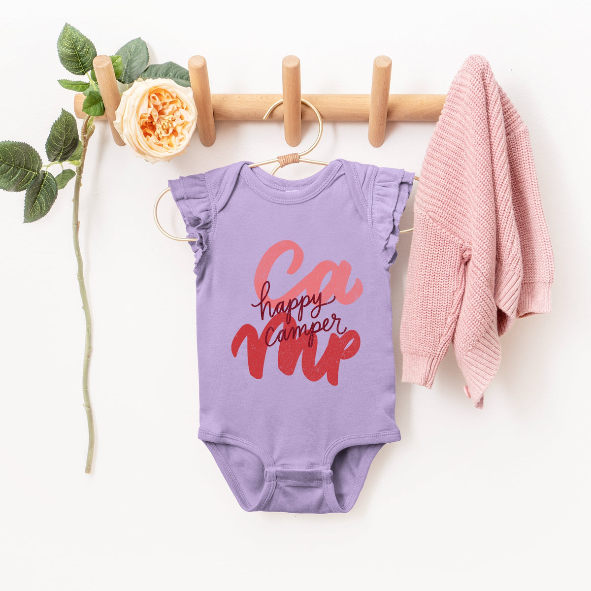 Happy Camper Cursive - Baby Girl's Flutter Sleeve Bodysuit