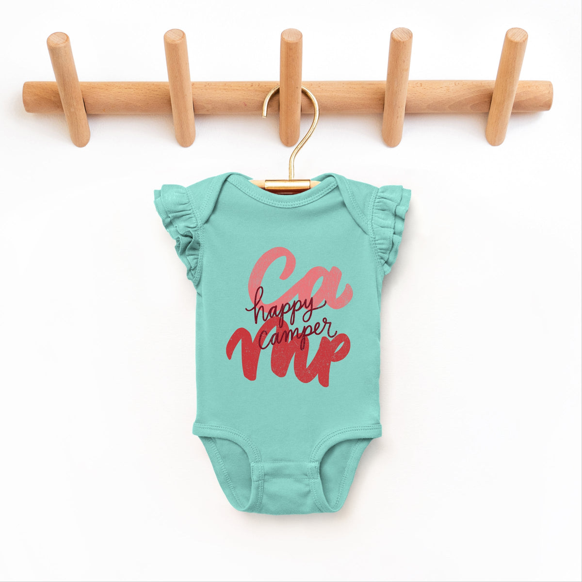 Happy Camper Cursive - Baby Girl's Flutter Sleeve Bodysuit