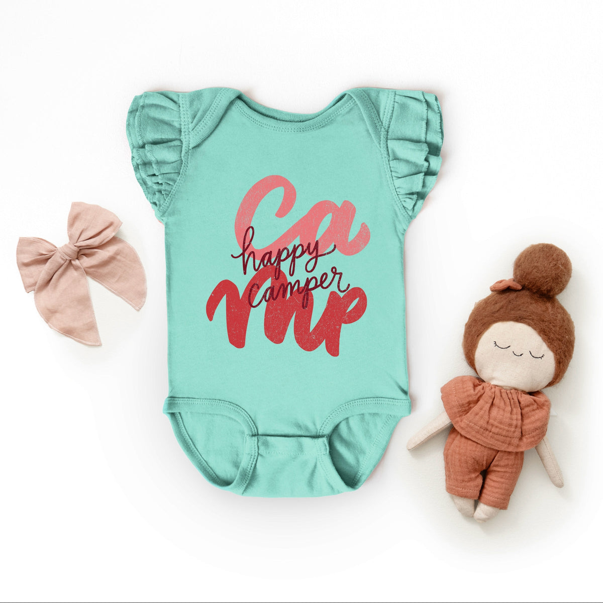 Happy Camper Cursive - Baby Girl's Flutter Sleeve Bodysuit