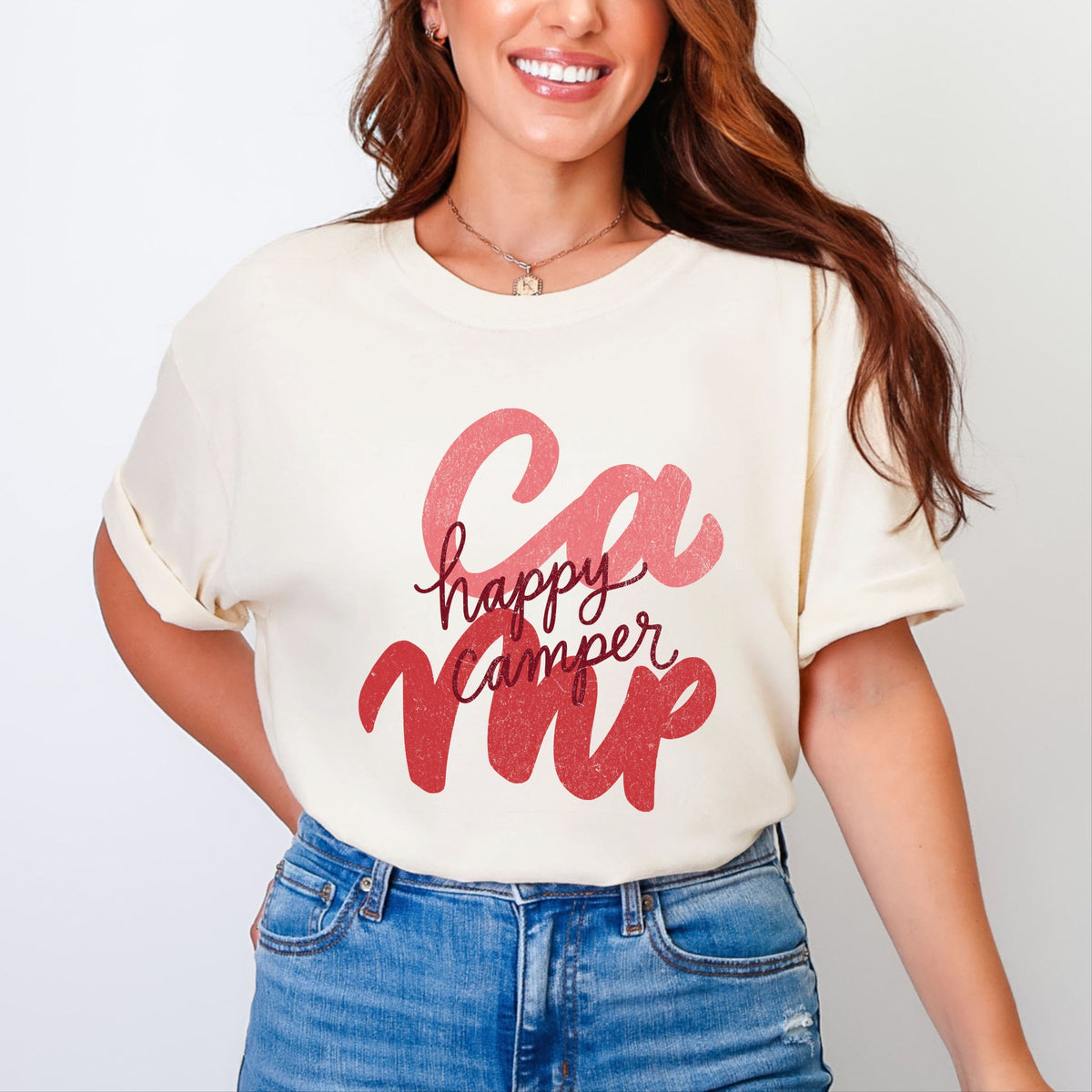 Happy Camper Cursive - Women's Garment Dyed Graphic T-Shirt
