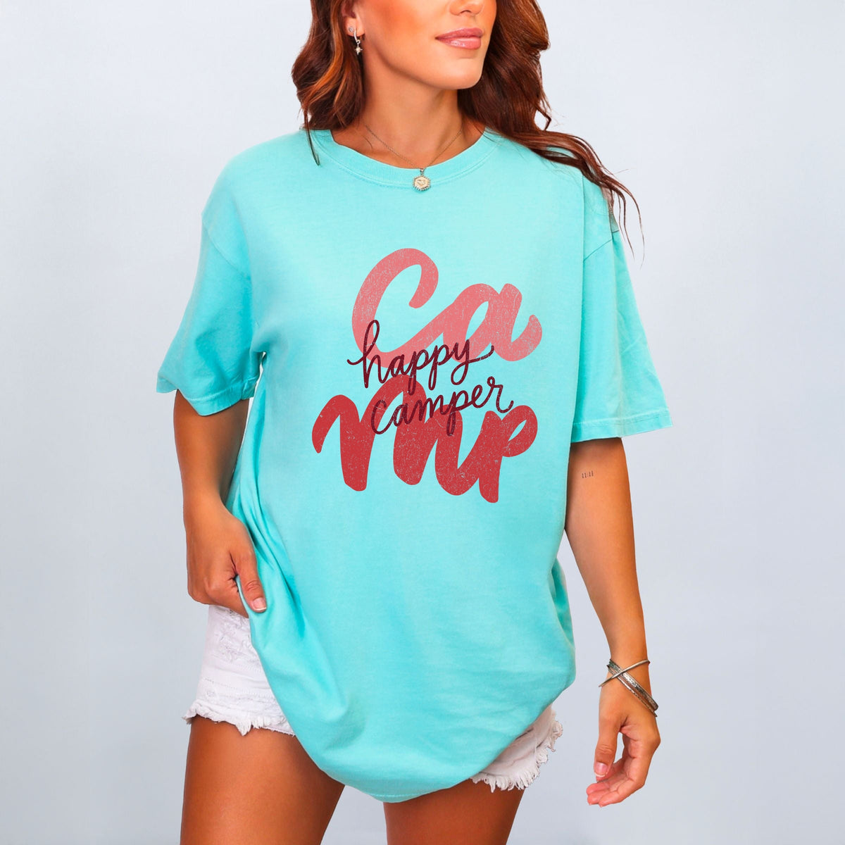 Happy Camper Cursive - Women's Garment Dyed Graphic T-Shirt