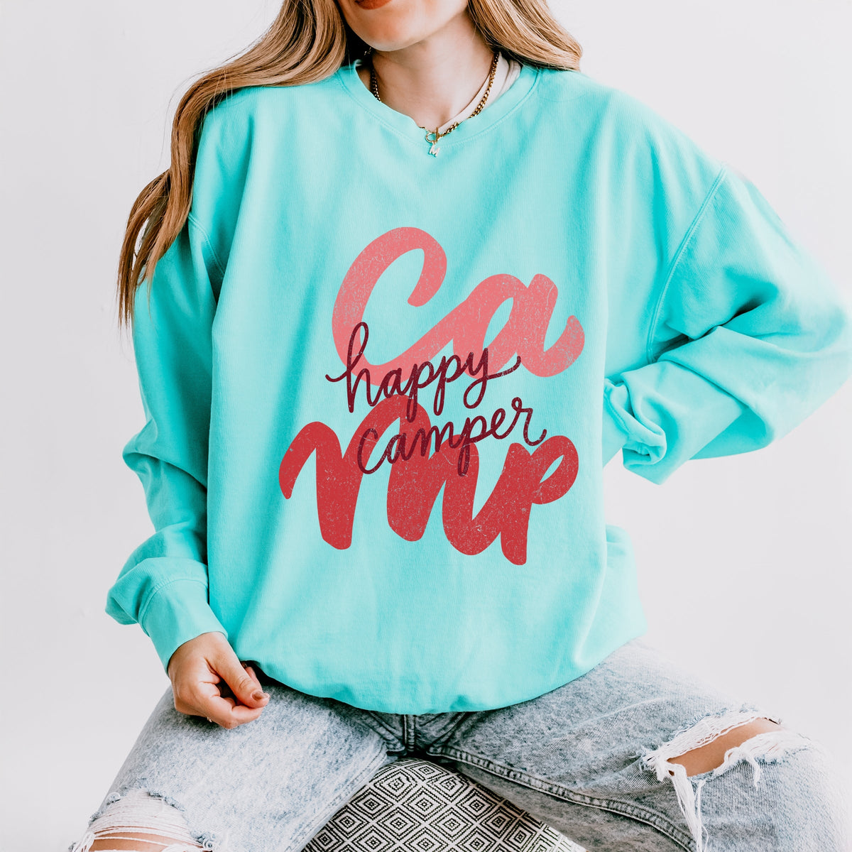 Happy Camper Cursive - Women's Lightweight Garment Dyed Sweatshirt