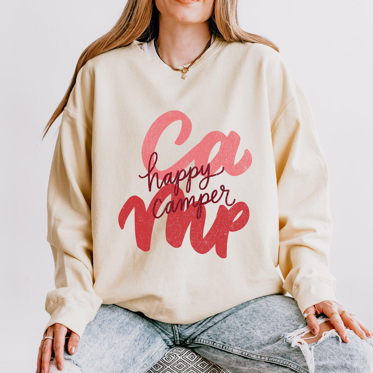 Happy Camper Cursive - Women's Lightweight Garment Dyed Sweatshirt