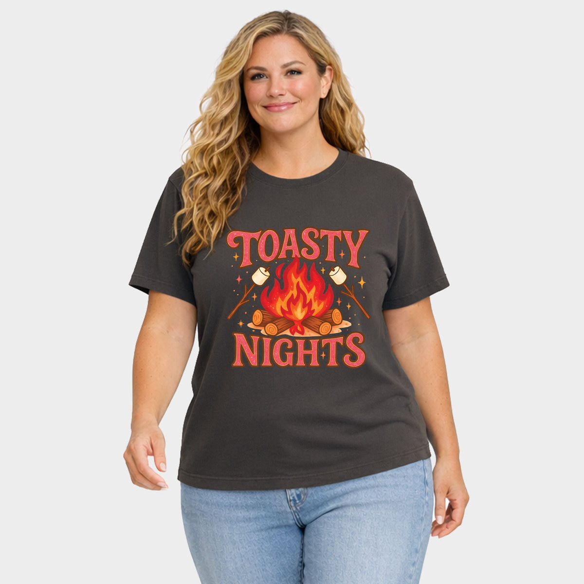 Toasty Nights Marshmallow - Women's Plus Sized Garment Dyed Graphic T-Shirt