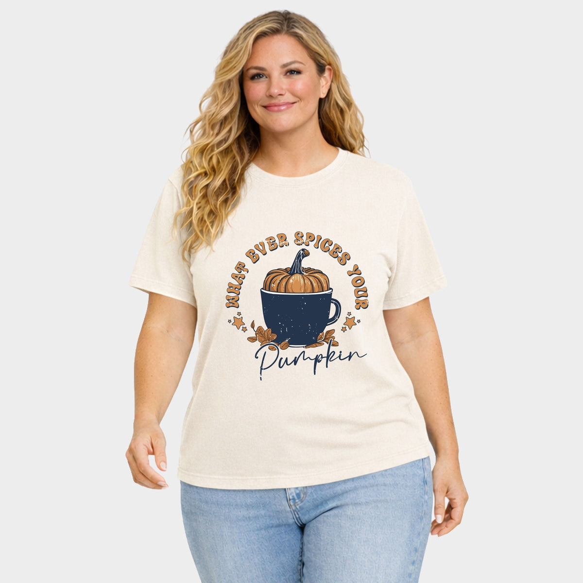 Whatever Spices Your Pumpkin Mug - Women's Plus Sized Garment Dyed Graphic T-Shirt