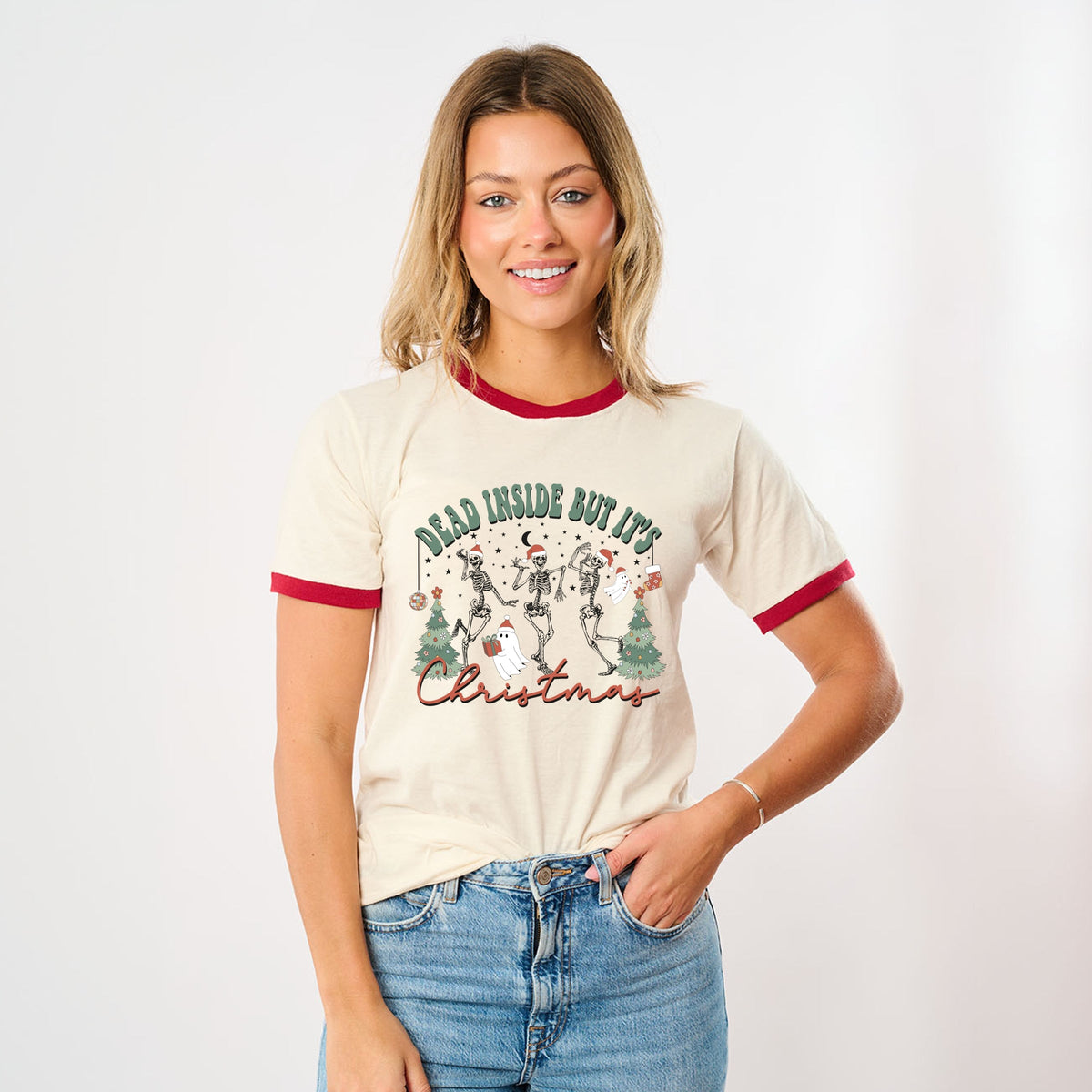 Dead Inside Christmas Skeletons - Women's Ringer Graphic T-Shirt