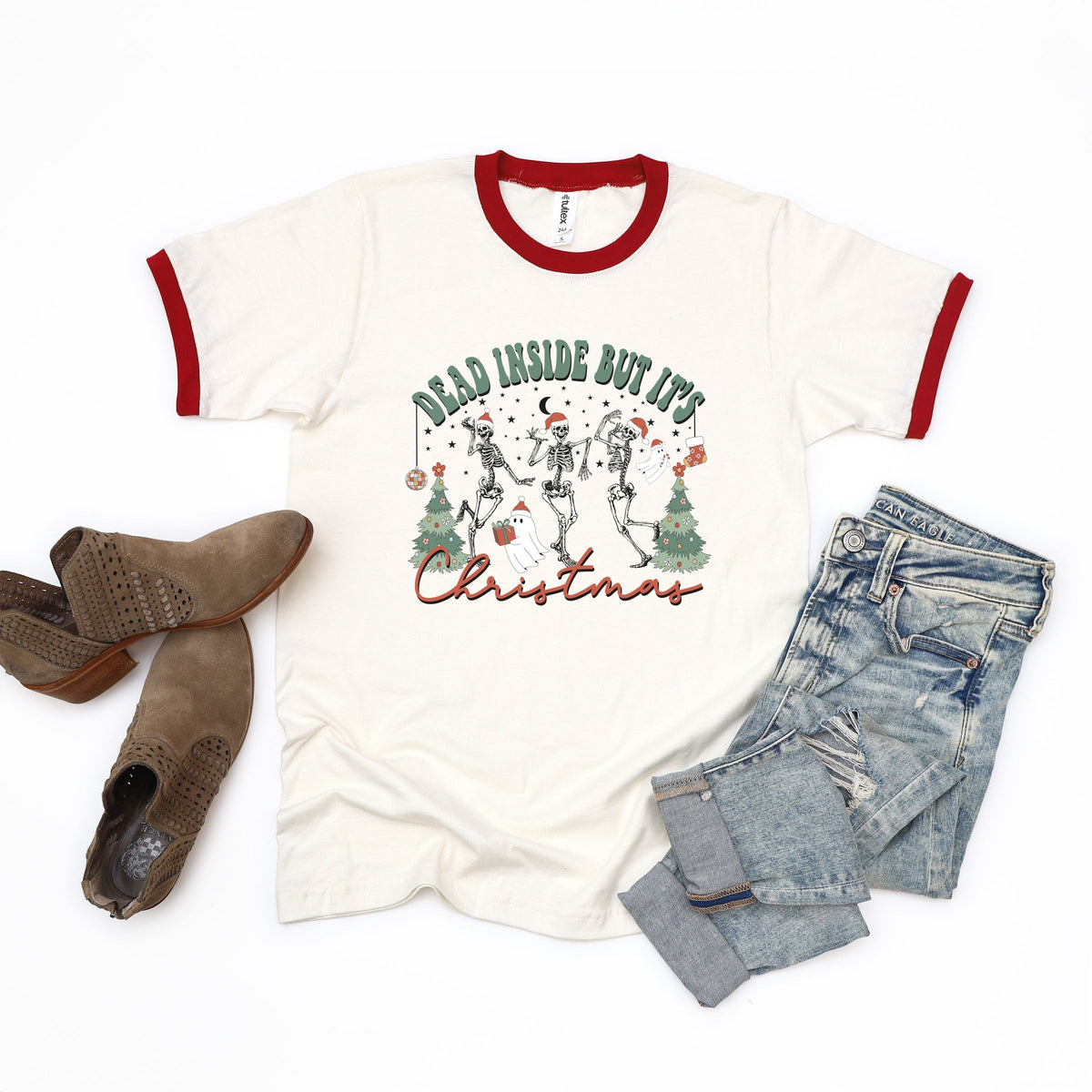 Dead Inside Christmas Skeletons - Women's Ringer Graphic T-Shirt