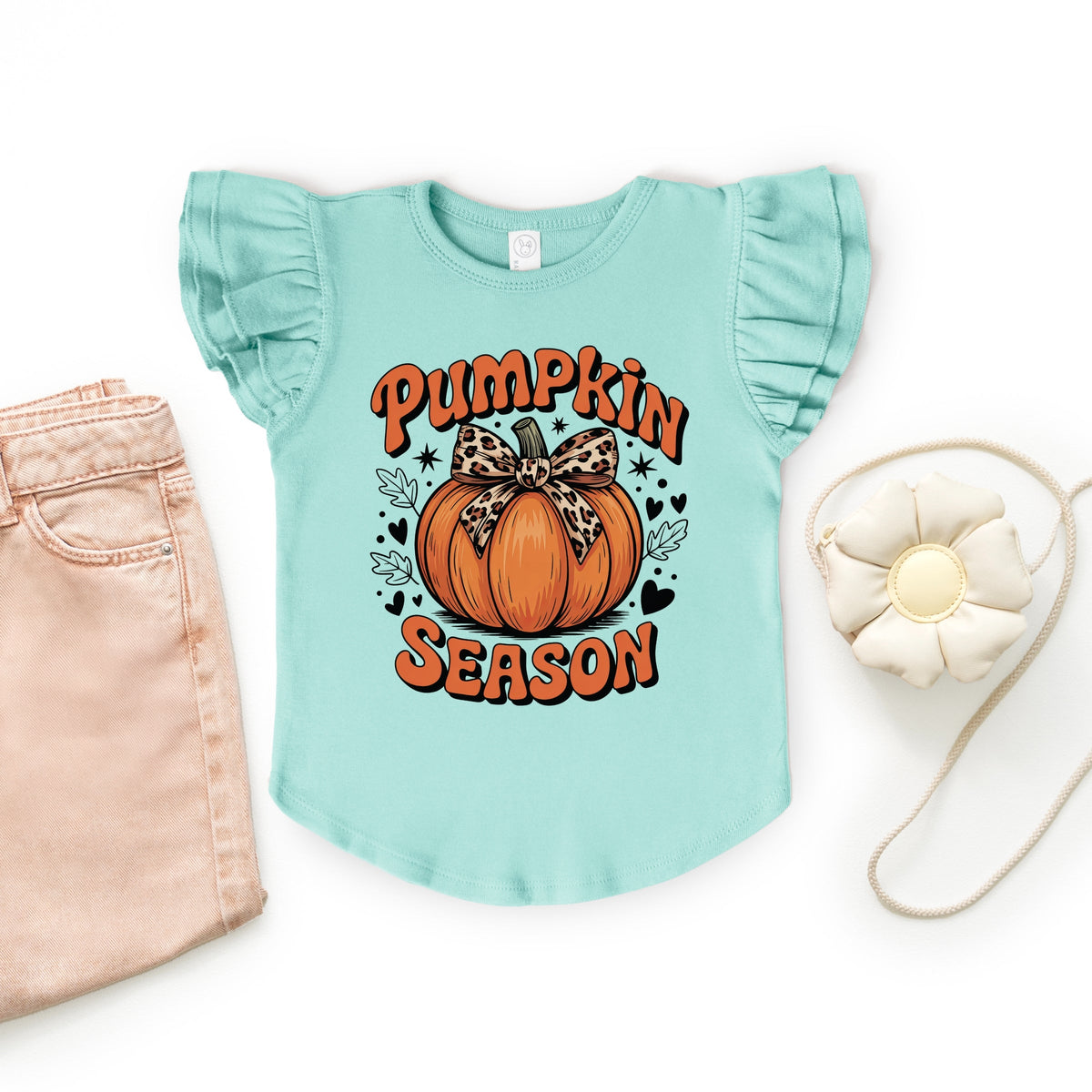 Coquette Pumpkin Season Leopard - Flutter Sleeve Graphic T-Shirt