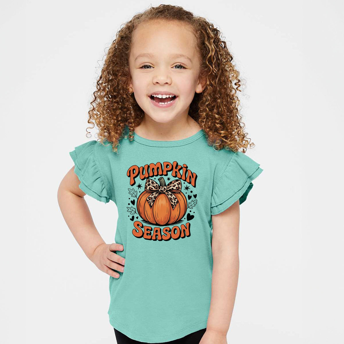 Coquette Pumpkin Season Leopard - Flutter Sleeve Graphic T-Shirt