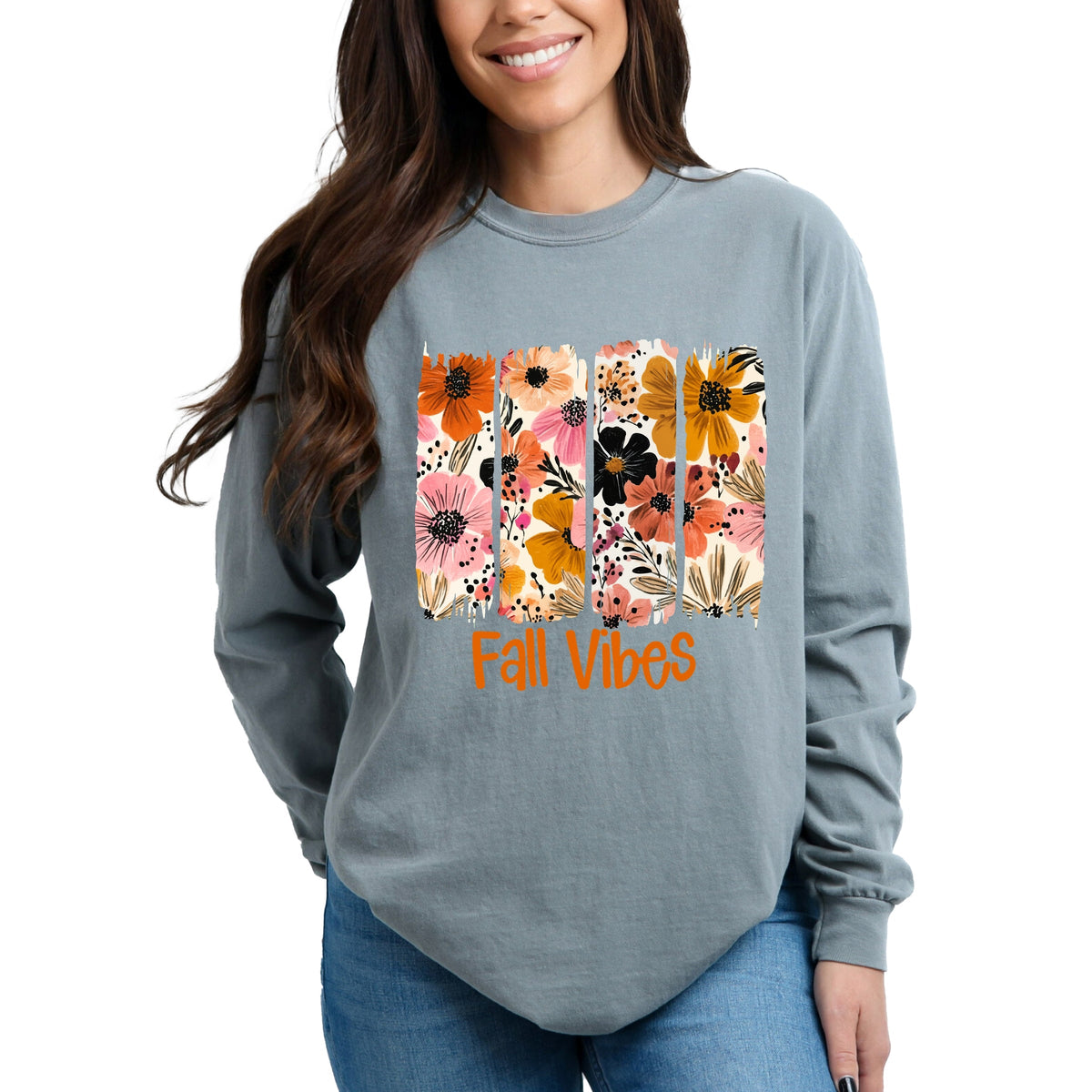 Fall Vibes Floral - Women's Garment Dyed Long Sleeve Graphic T-Shirt