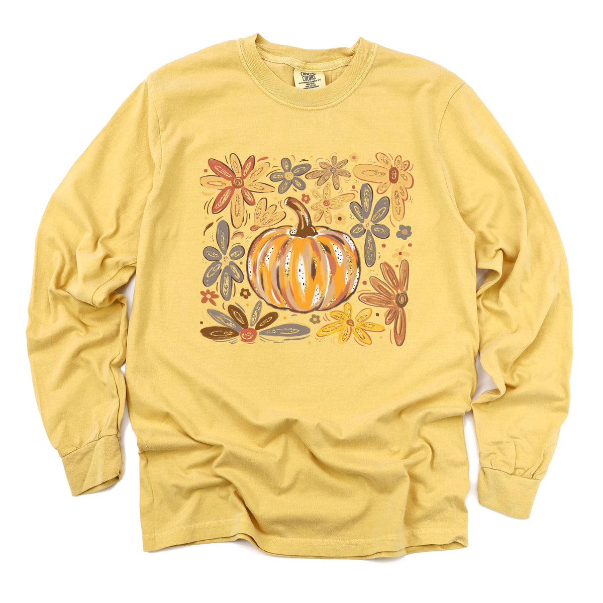 Fall Flowers And Pumpkin - Women's Garment Dyed Long Sleeve Graphic T-Shirt