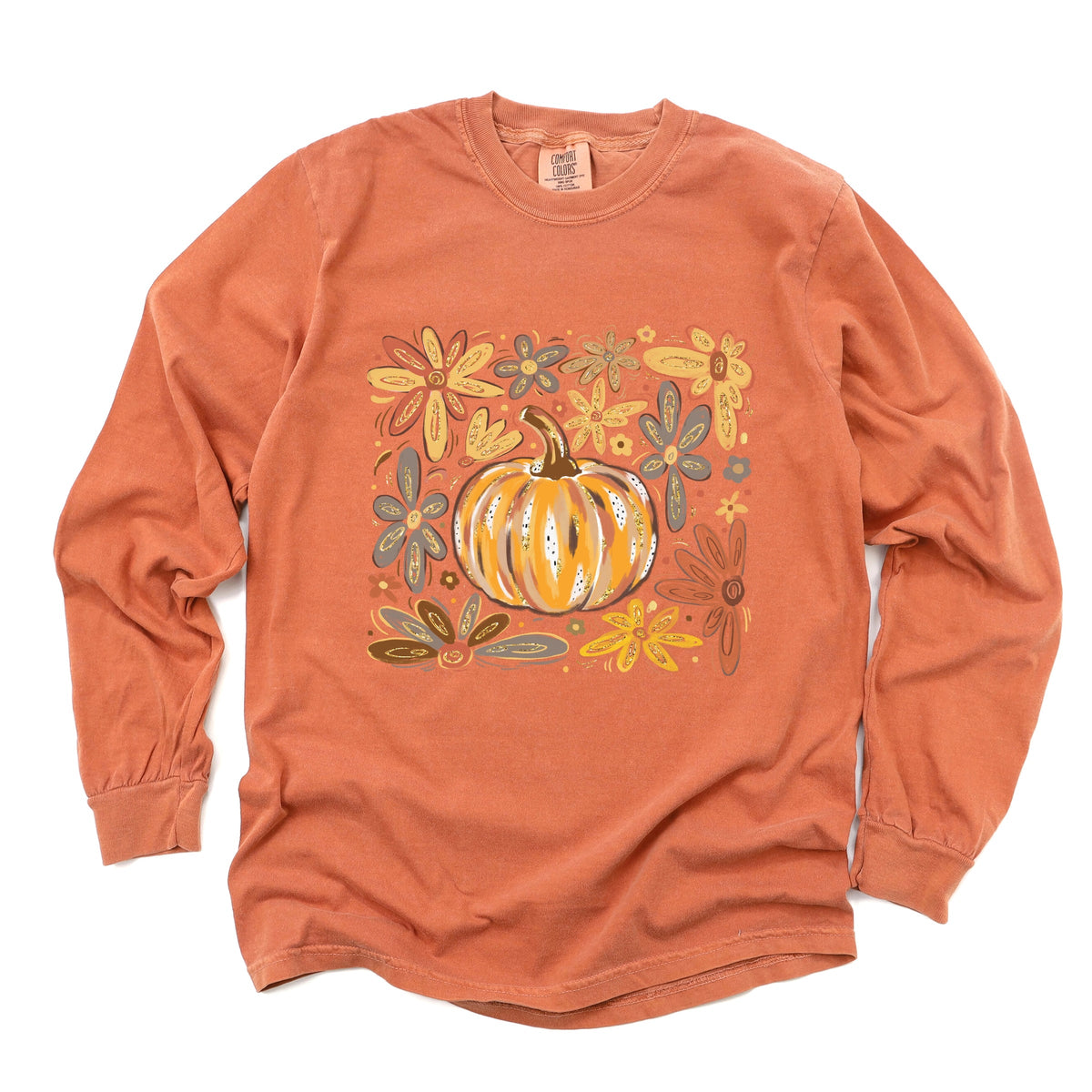 Fall Flowers And Pumpkin - Women's Garment Dyed Long Sleeve Graphic T-Shirt