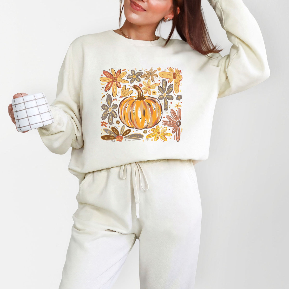 Fall Flowers And Pumpkin - Women's Lightweight Garment Dyed Sweatshirt