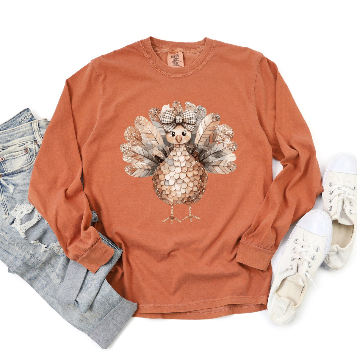 Sparkle Turkey - Women's Garment Dyed Long Sleeve Graphic T-Shirt