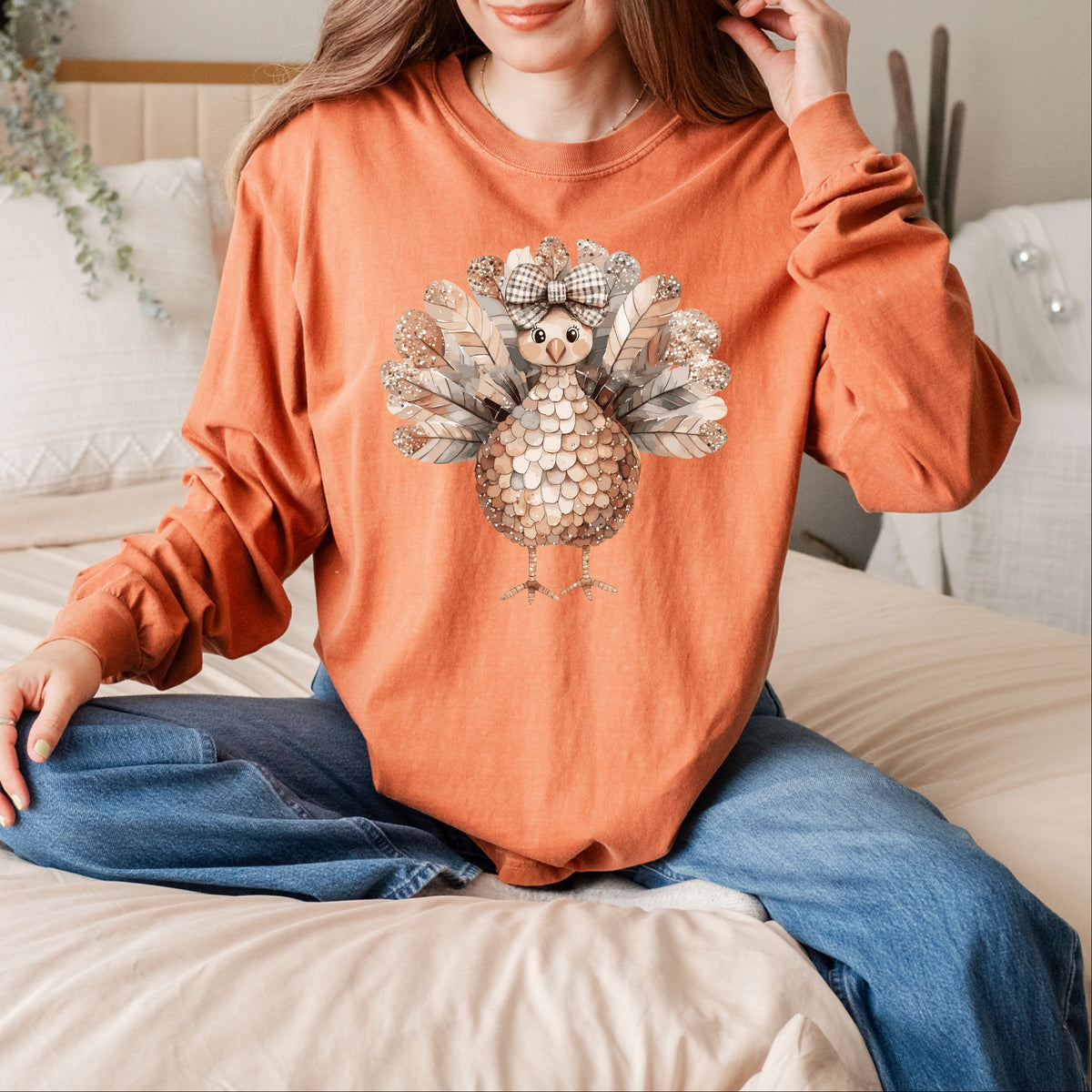 Sparkle Turkey - Women's Garment Dyed Long Sleeve Graphic T-Shirt