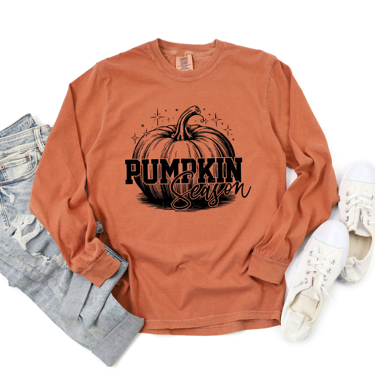 Pumpkin Season Sparkles Distressed - Women's Garment Dyed Long Sleeve Graphic T-Shirt
