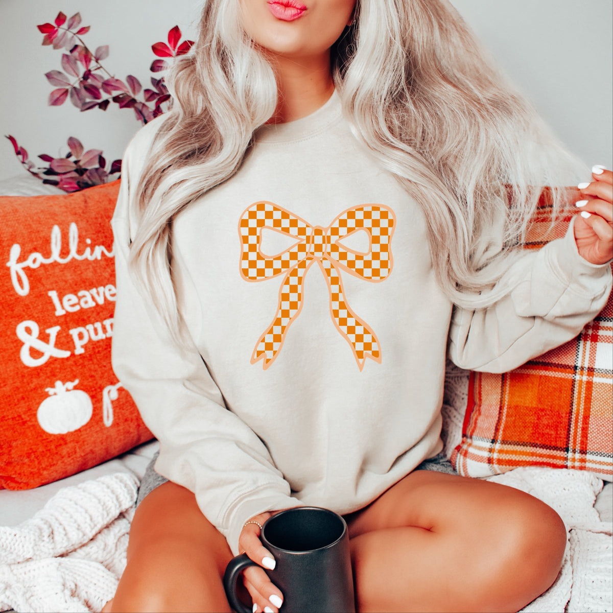 Coquette Orange Checker Bow - Women's Graphic Sweatshirt