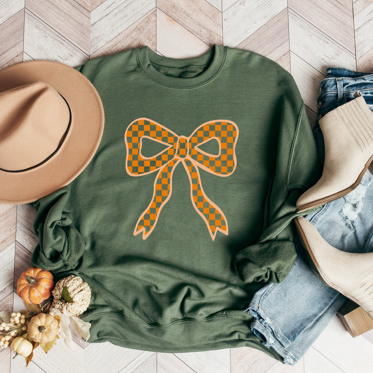 Coquette Orange Checker Bow - Women's Graphic Sweatshirt
