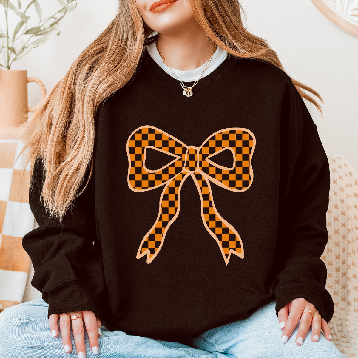 Coquette Orange Checker Bow - Women's Graphic Sweatshirt