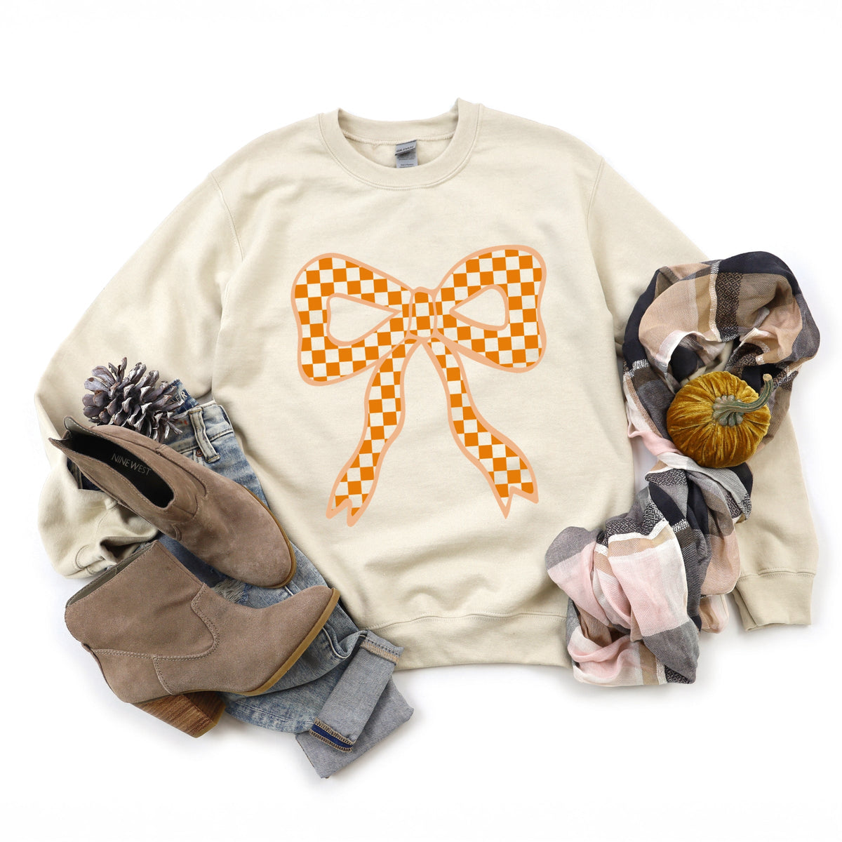 Coquette Orange Checker Bow - Women's Graphic Sweatshirt