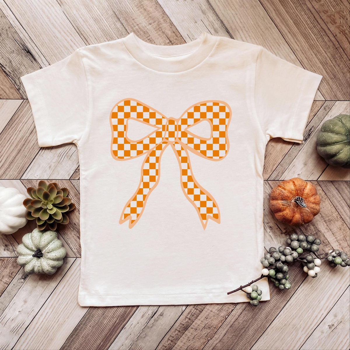 Coquette Orange Checker Bow - Toddler Short Sleeve Graphic T-Shirt