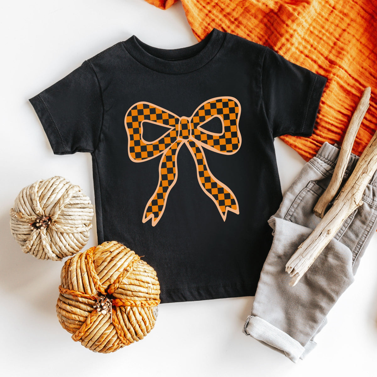 Coquette Orange Checker Bow - Toddler Short Sleeve Graphic T-Shirt