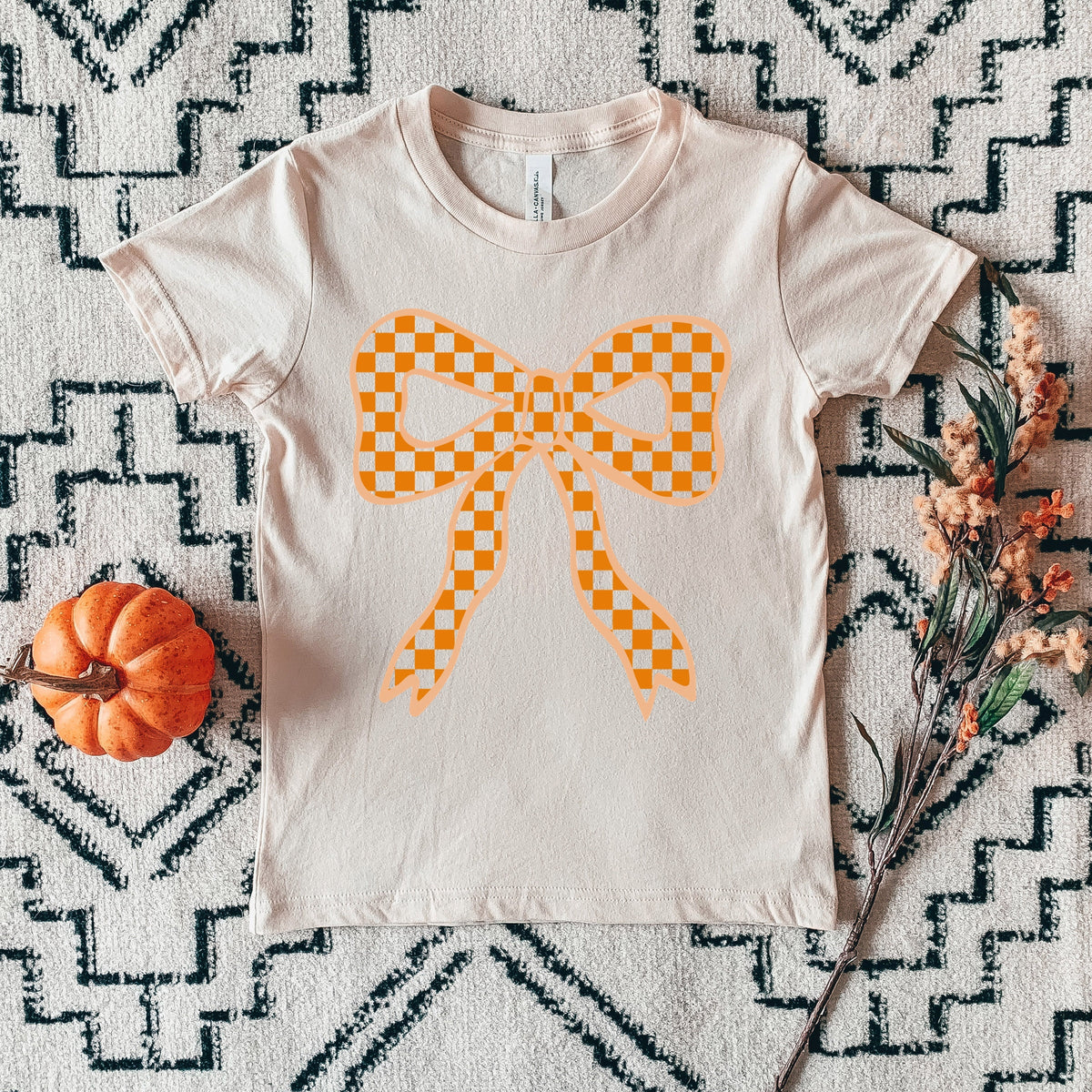 Coquette Orange Checker Bow - Youth Short Sleeve Graphic T-Shirt