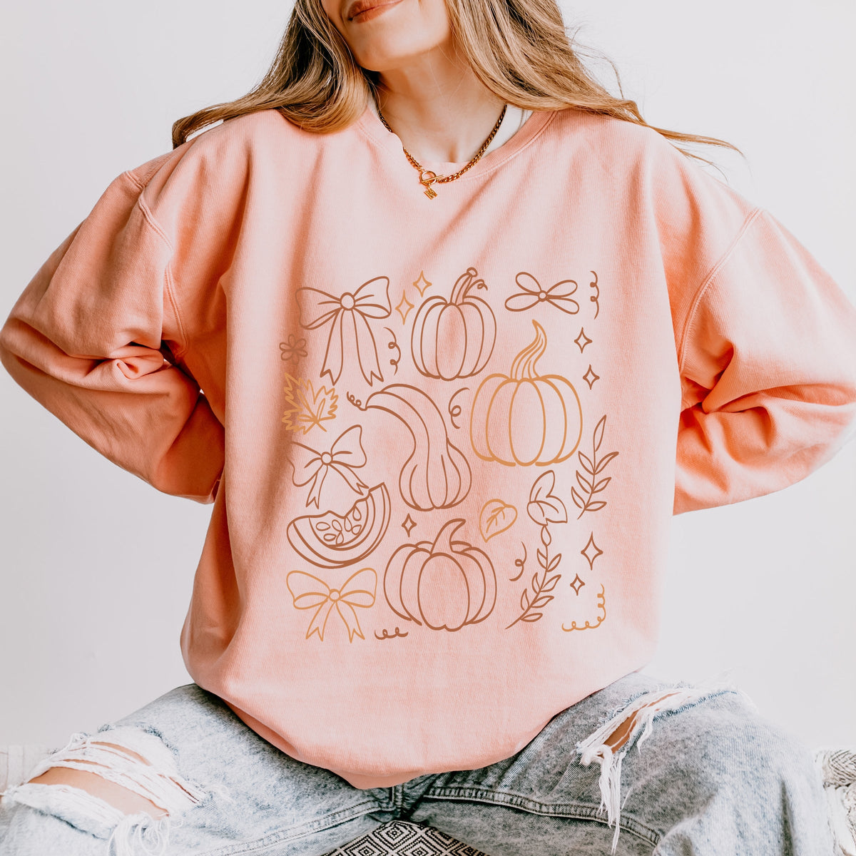 Coquette Pumpkin And Leaves Outline - Women's Lightweight Garment Dyed Sweatshirt