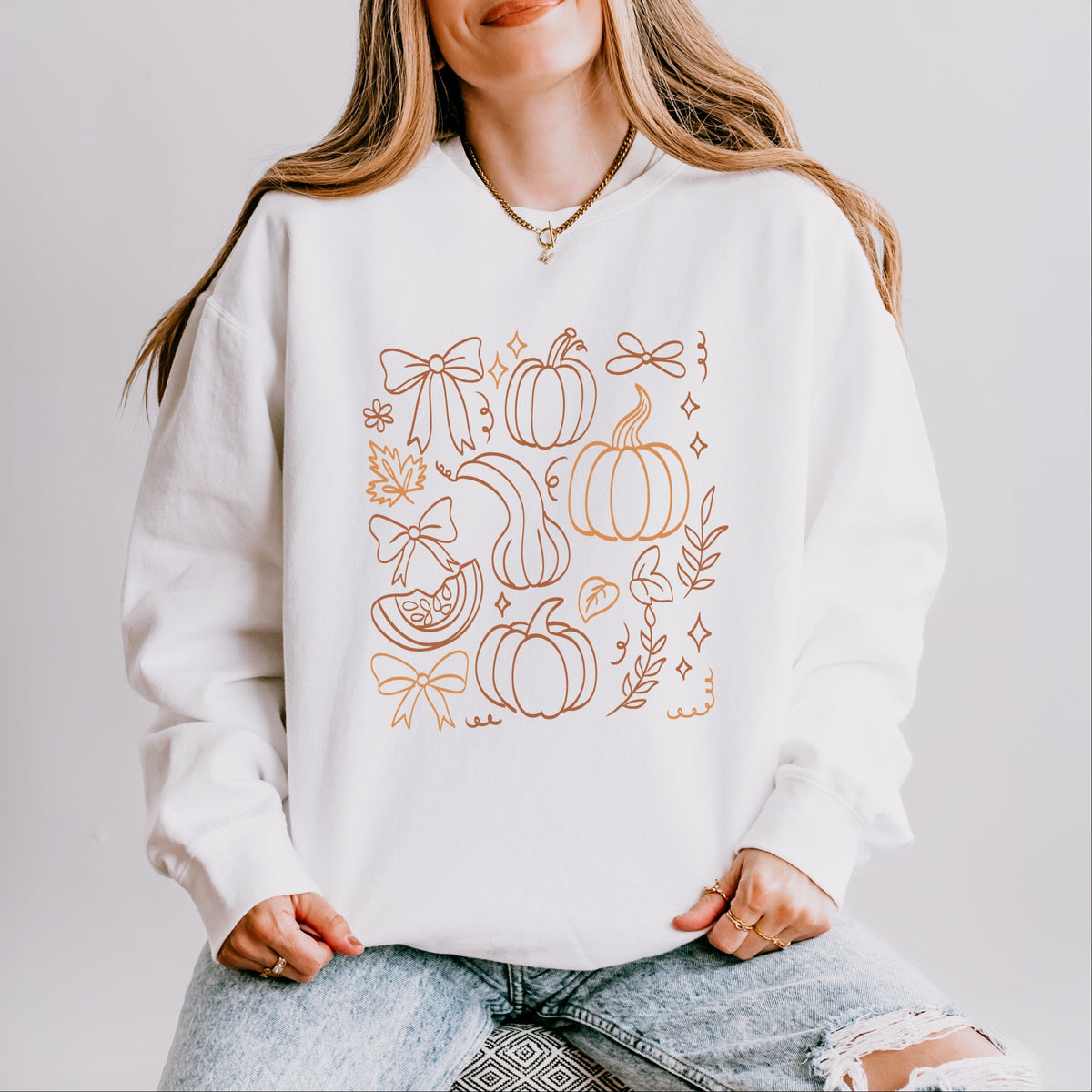 Coquette Pumpkin And Leaves Outline - Women's Lightweight Garment Dyed Sweatshirt