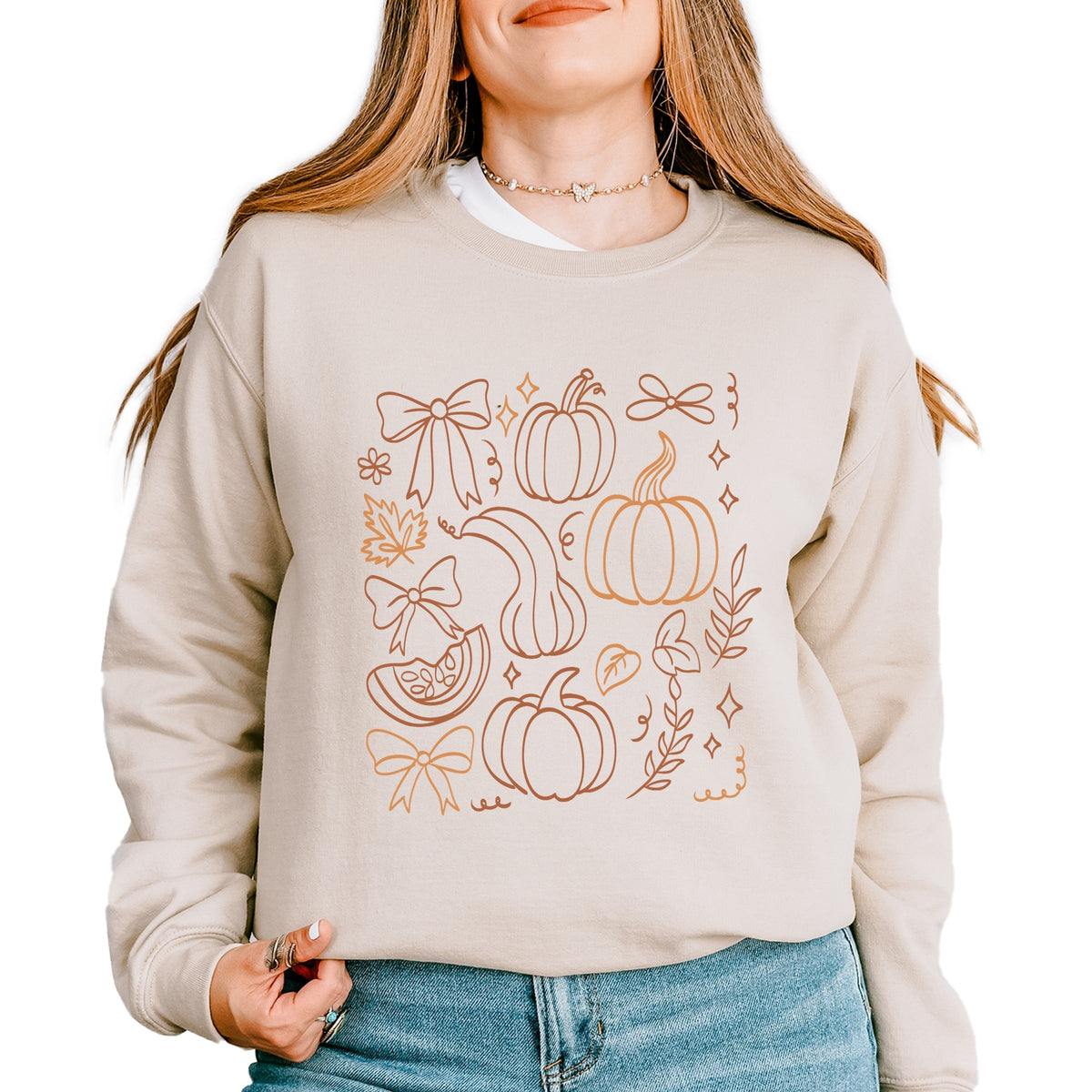 Coquette Pumpkin And Leaves Outline - Women's Graphic Sweatshirt
