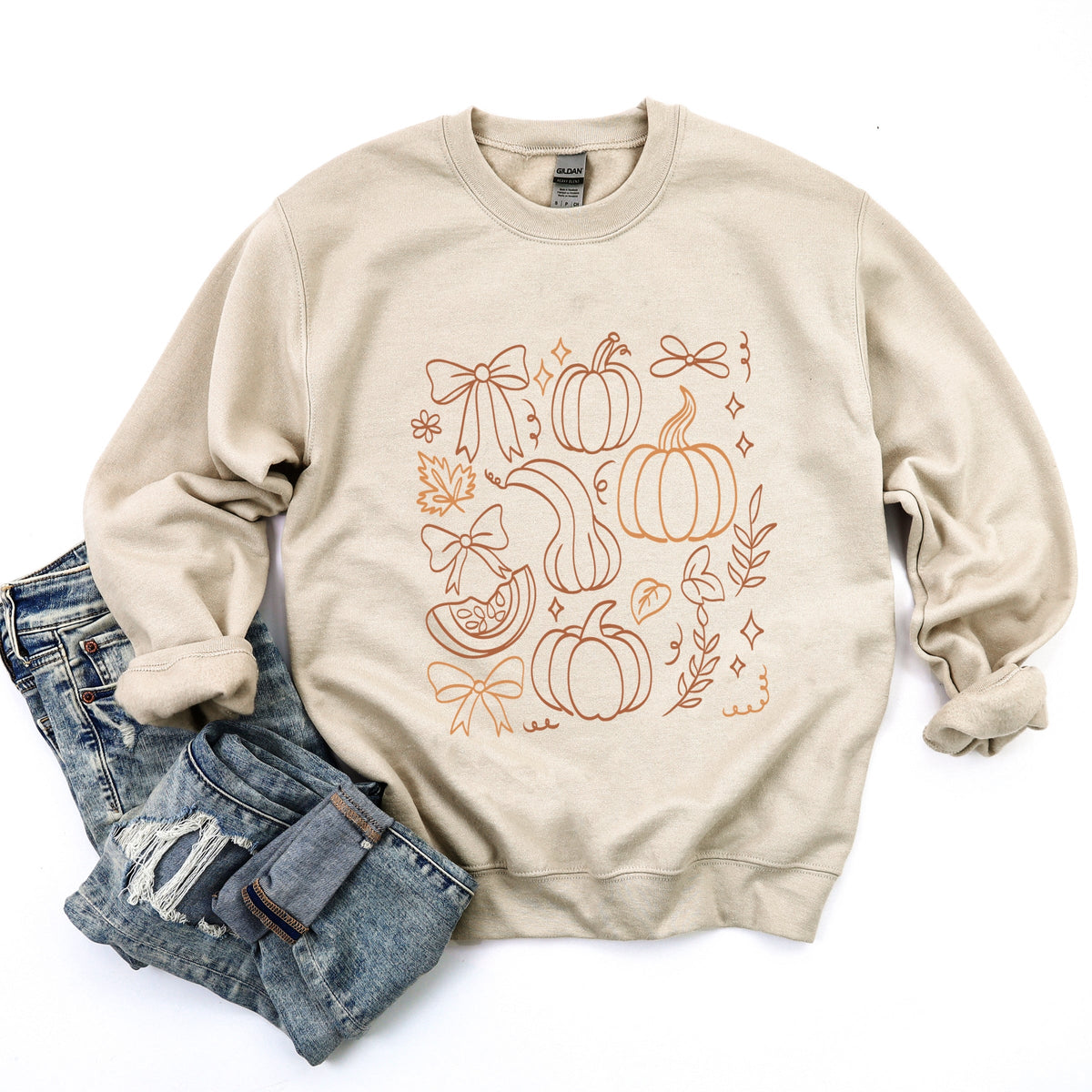 Coquette Pumpkin And Leaves Outline - Women's Graphic Sweatshirt