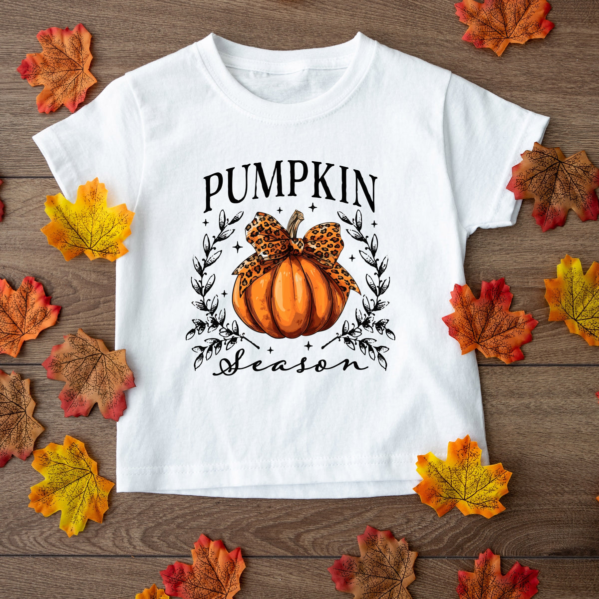 Pumpkin Season Leopard Bow - Youth Short Sleeve Graphic T-Shirt
