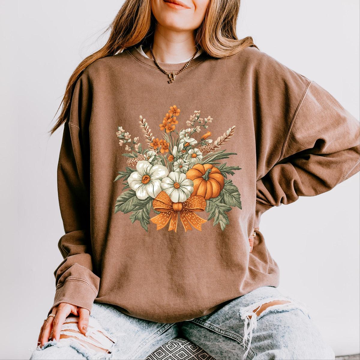 Coquette Orange Bow Fall Floral - Women's Lightweight Garment Dyed Sweatshirt