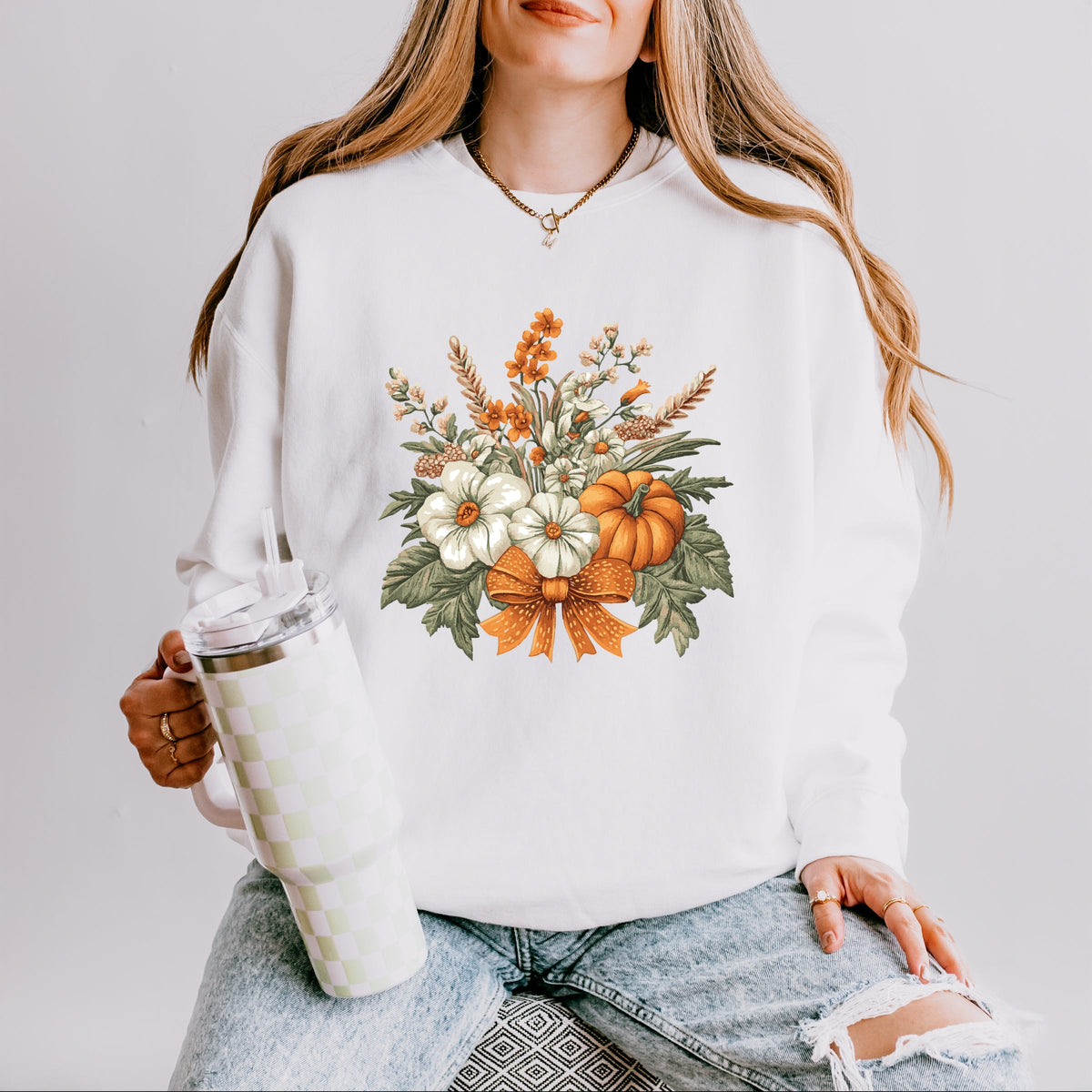 Coquette Orange Bow Fall Floral - Women's Lightweight Garment Dyed Sweatshirt