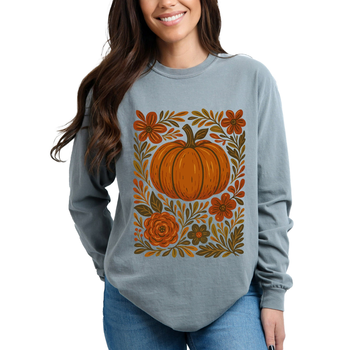 Pumpkin Boho Floral - Garment Dyed Long Sleeve