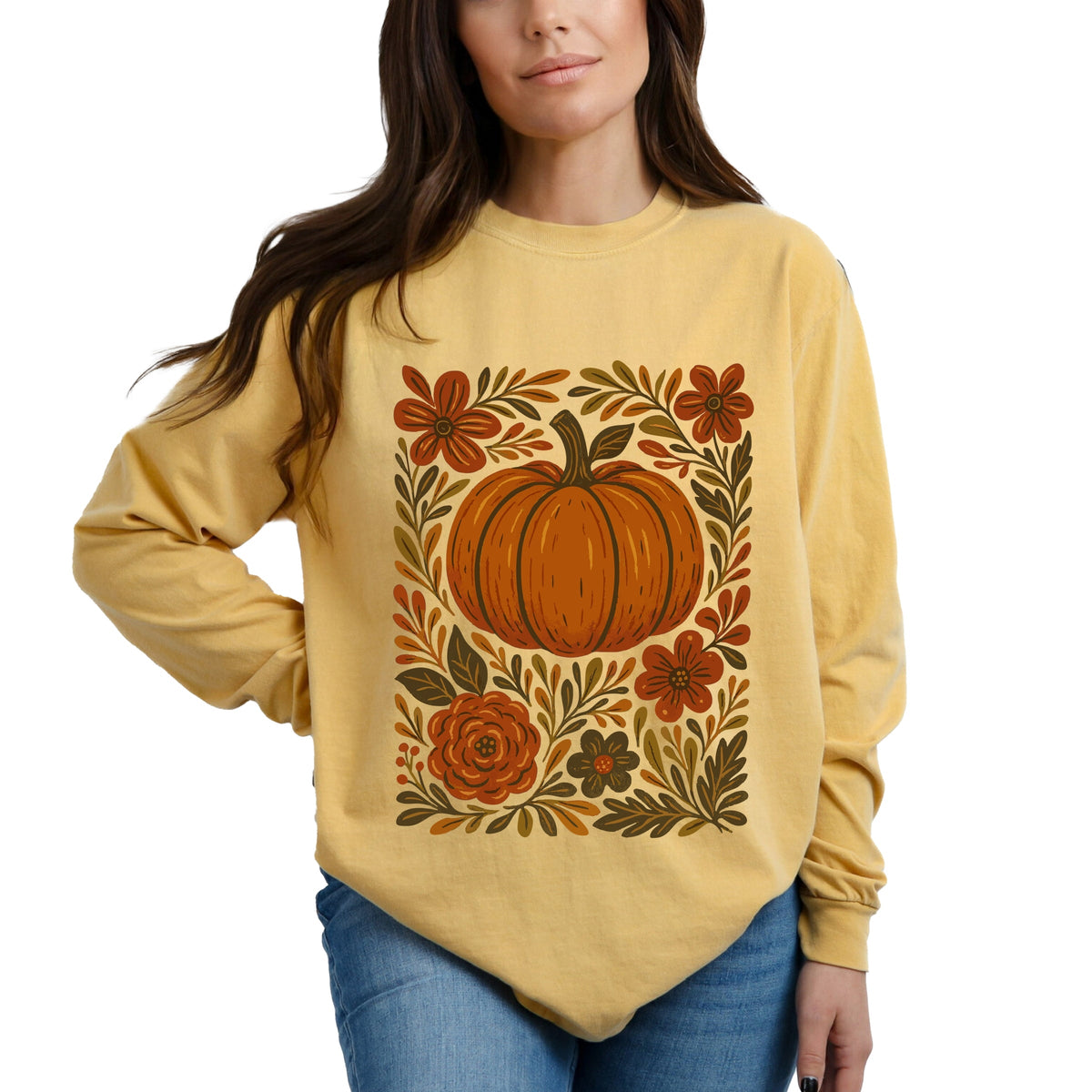 Pumpkin Boho Floral - Garment Dyed Long Sleeve