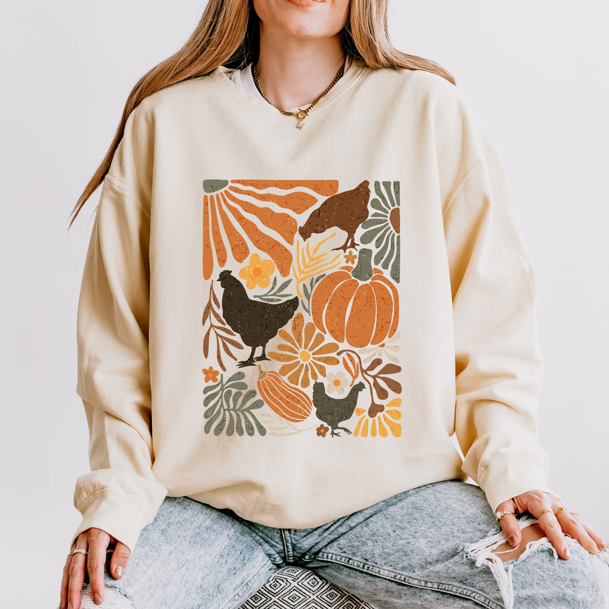 Chicken Boho Floral - Women's Lightweight Garment Dyed Sweatshirt