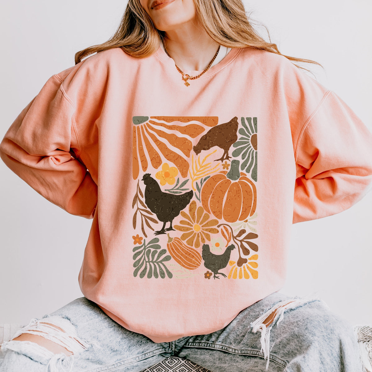 Chicken Boho Floral - Women's Lightweight Garment Dyed Sweatshirt
