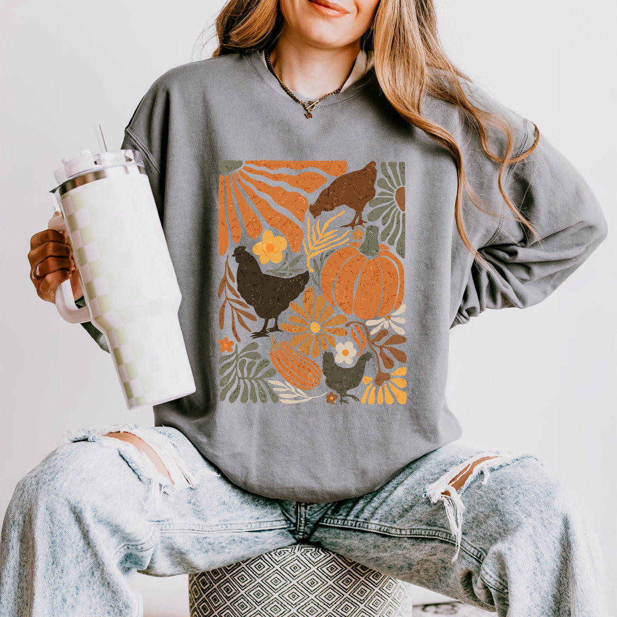 Chicken Boho Floral - Women's Lightweight Garment Dyed Sweatshirt