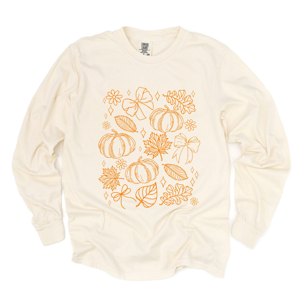 Fall Decorations Outline - Women's Garment Dyed Long Sleeve Graphic T-Shirt