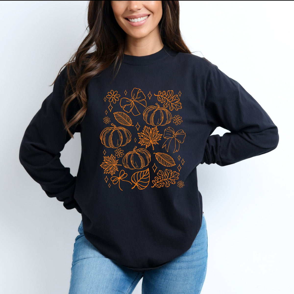 Fall Decorations Outline - Women's Garment Dyed Long Sleeve Graphic T-Shirt
