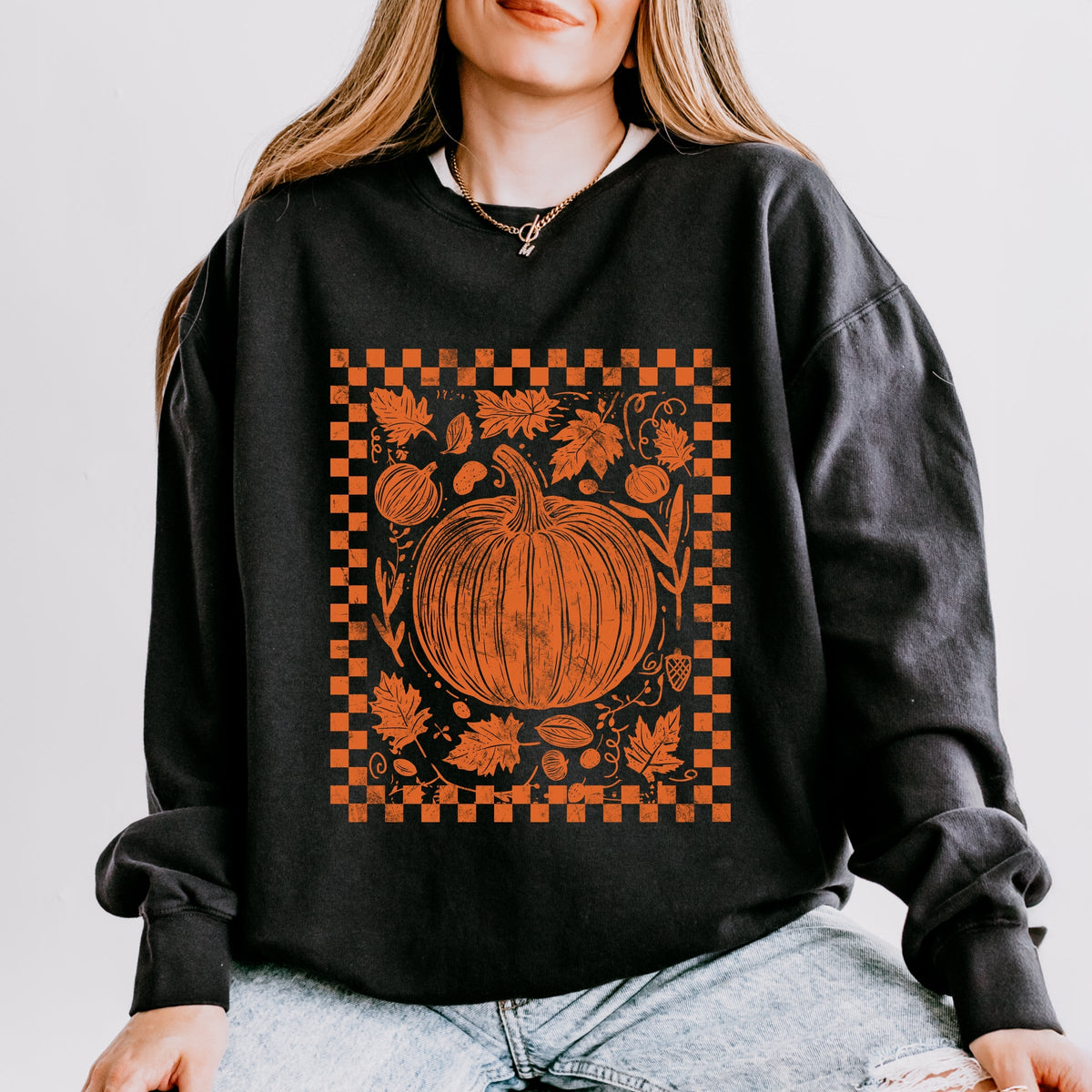 Pumpkin Checkered Distressed - Women's Lightweight Garment Dyed Sweatshirt