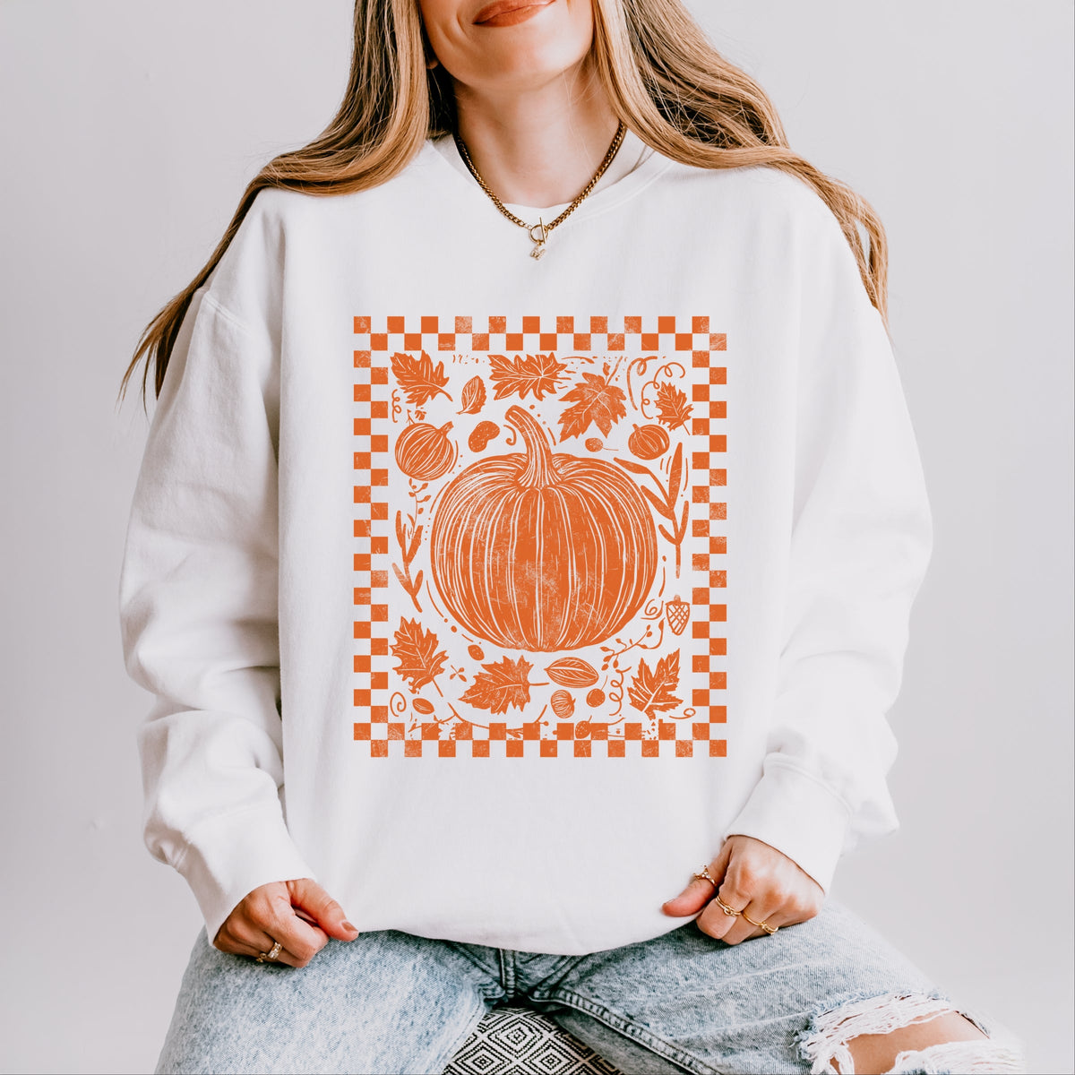 Pumpkin Checkered Distressed - Women's Lightweight Garment Dyed Sweatshirt